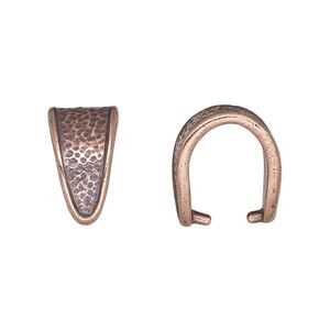 Bail, TierraCast®, "Hammertone" collection, ice-pick, antique copper-plated pewter (tin-based alloy), 16x9mm with hammered design and 12mm grip. Sold per pkg of 20.
