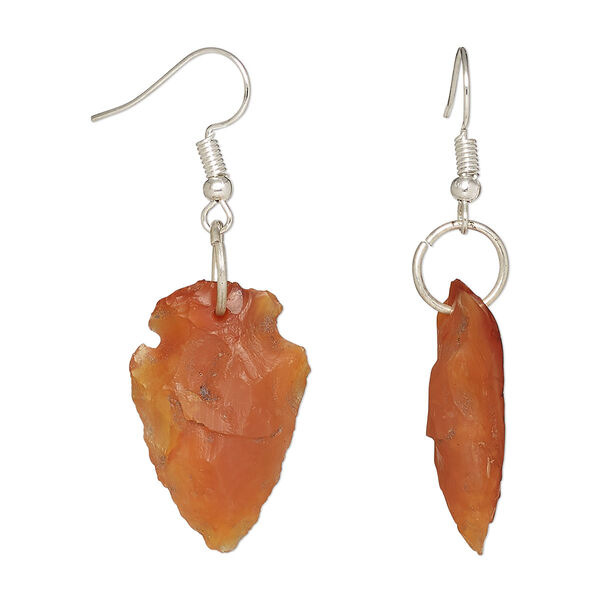 Earring, Everyday Jewelry, carnelian and silver-finished brass, 25x14-35x20mm hand-knapped arrowhead with fishhook ear wire. Sold per pair. image number 0