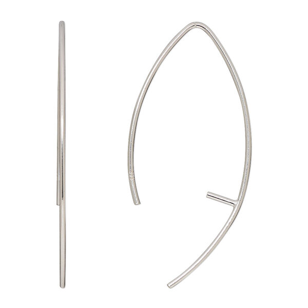 Ear wire, sterling silver, 38mm marquise with 4mm peg, 18 gauge, fits 8-12mm half-drilled bead. Sold per pair. image number 0