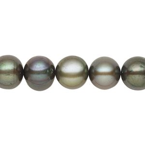 Pearl, cultured freshwater (dyed), khaki, 9-10mm semi-round with 0.4mm hole, C grade, Mohs hardness 2-1/2 to 4. Sold per 15-inch strand.