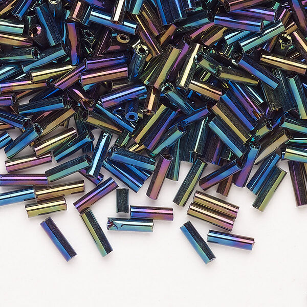Bead, Ming Tree™, bugle bead, glass, pkg/1/4 pound, 1/4 inch, rainbow opaque peacock. image number 0