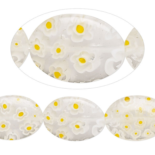 Bead, millefiori glass, transparent clear / white / yellow, 18x13mm puffed oval with 0.6-0.8mm hole. Sold per 15-inch strand. image number 0