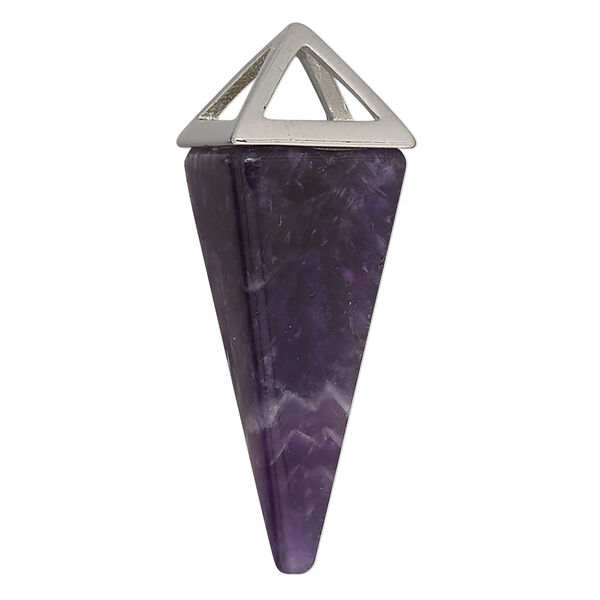 Amethyst / "pewter" (zinc-based alloy) 1pkg1, imitation rhodium-finished 4-sided point focal natural C grade, 36x15mm-42x15mm image number 0