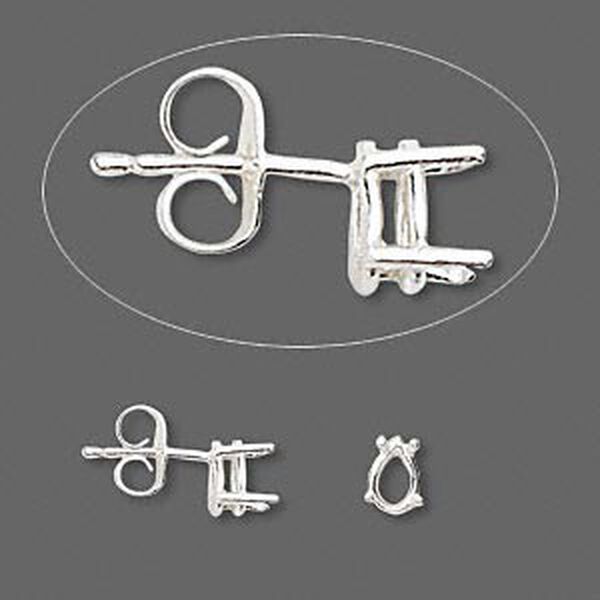 Earstud, Sure-Set™, sterling silver, 6x4mm with 4-prong pear basket setting. Sold per pair. image number 0