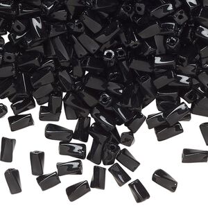 Bead, Czech glass, opaque black, 5x2mm-6x3mm twisted square tube. Sold per 2-ounce pkg, approximately 175 beads.