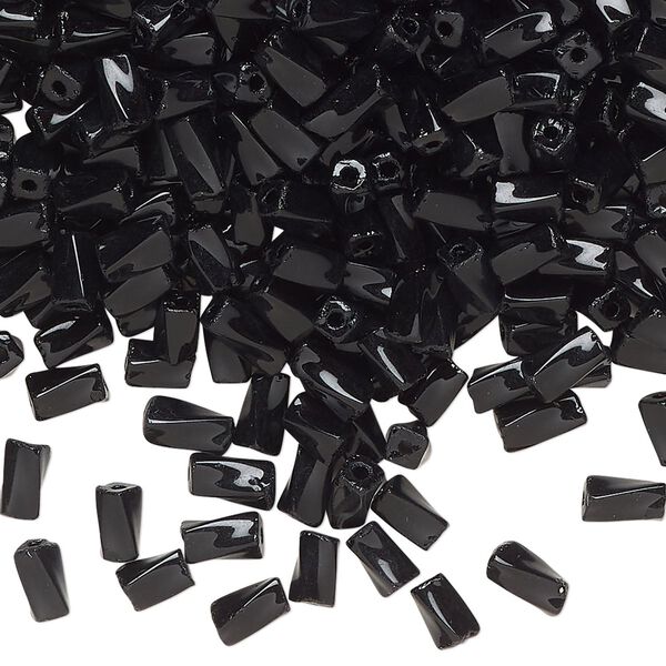 Bead, Czech glass, opaque black, 5x2mm-6x3mm twisted square tube. Sold per 2-ounce pkg, approximately 175 beads. image number 0