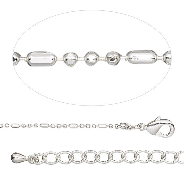 Chain, silver-plated brass, 1.2mm fancy ball, 18 inches with 2-inch extender chain and lobster claw clasp. Sold individually. image number 0