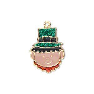 Charm, gold-finished "pewter" (zinc-based alloy) and enamel, green / black / brown / peach, 22x16mm single-sided leprechaun face with glitter hat. Sold per pkg of 2.
