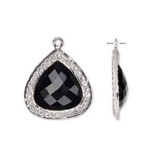 Drop, black onyx (dyed) / white topaz (natural) / sterling silver, 20x20mm single-sided faceted teardrop. Sold individually.