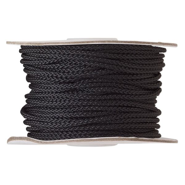 Cord, nylon, black, 3mm round. Sold per 100-foot spool. image number 0