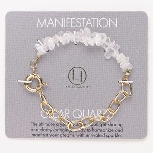 Bracelet, steel / brass / quartz crystal (natural), pkg/1, 6 inches with springring clasp, gold finish.