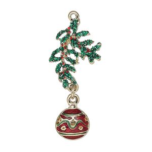 Charm, enamel and gold-finished "pewter" (zinc-based alloy), green and red with green-colored glitter, 35x15mm single-sided ornament and leaves. Sold individually.