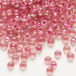 Seed bead, Miyuki, glass, pkg/25g, #6 rocaille, translucent hot pink-lined rainbow crystal clear (RR-355).