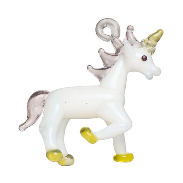 Drop, lampworked glass, opaque white / pink / yellow, 41x32mm 3D unicorn. Sold individually. image number 0