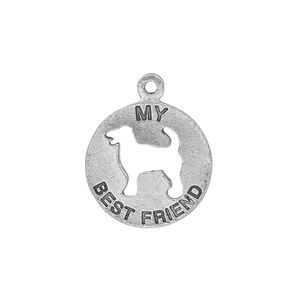 Charm, antiqued pewter (tin-based alloy), 19mm single-sided flat round with "My Best Friend" and dog cutout. Sold individually.