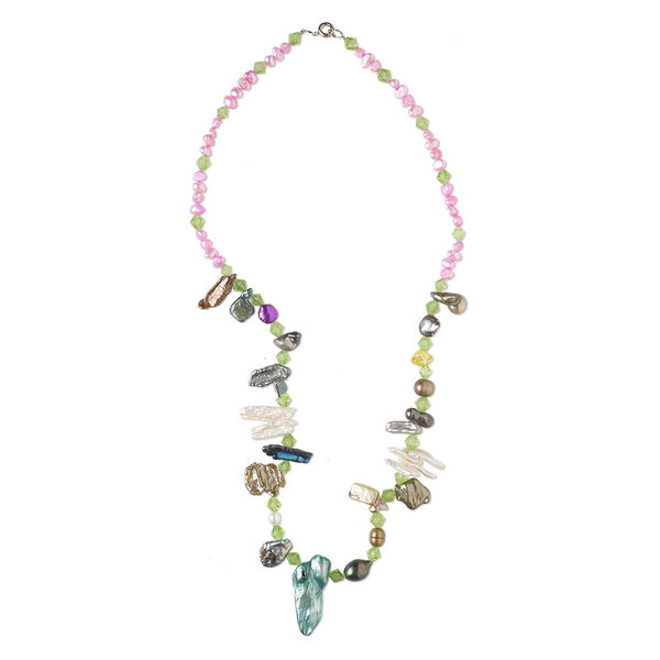 Necklace, cultured freshwater pearl (bleached / dyed) / glass / silver-finished brass / steel, mixed colors, 5x3mm-54x18mm, 18-22 inches with springring clasp. Sold individually. image number 0