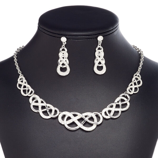 Necklace and earring set, imitation rhodium-plated brass / steel / "pewter" (zinc-based alloy), 29x13mm-40x31mm graduated matte and shiny knot, 18-inch necklace with 2-inch extender chain and lobster claw clasp, 44mm earrings with post. Sold per set. image number 0