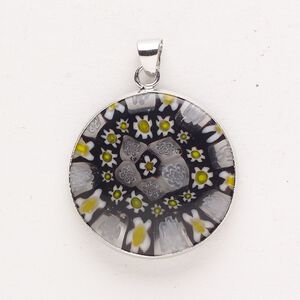Pendant, "pewter" (zinc-based alloy) and millefiori glass, pkg/1, silver finish and mixed colors, 25mm round.