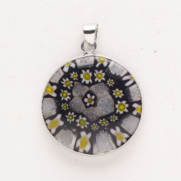 Pendant, "pewter" (zinc-based alloy) and millefiori glass, pkg/1, silver finish and mixed colors, 25mm round. image number 0