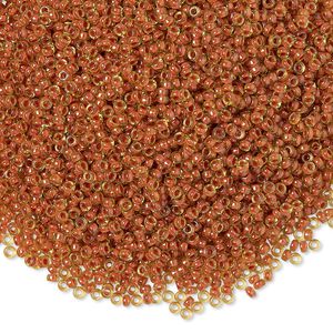 Seed bead, Miyuki, glass, pkg/35g, #15 rocaille, translucent salmon-lined luster peridot (RR-345).