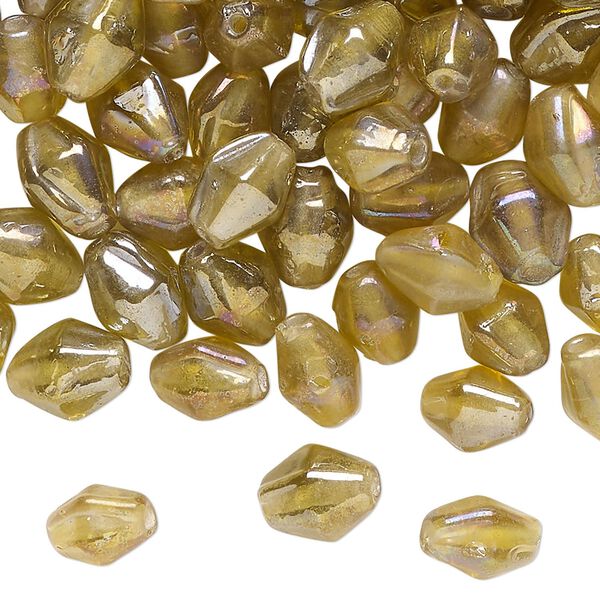 Bead, glass, translucent iridescent dark yellow, 9x7mm double cone. Sold per 2-ounce pkg, approximately 130 beads. image number 0