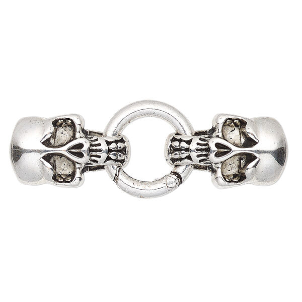 Clasp, self-closing hook, antique silver-finished "pewter" (zinc-based alloy), 57x20mm with 26x15.5mm skull and 20mm jump ring with glue-in ends, 11x5mm inside diameter. Sold individually. image number 0