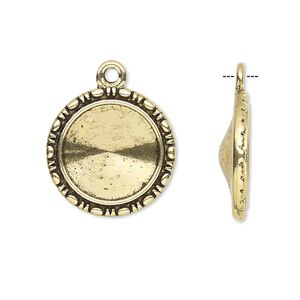 Drop, Almost Instant Jewelry®, antique gold-finished "pewter" (zinc-based alloy), 19mm round with beaded design and 14mm rivoli setting. Sold per pkg of 6.