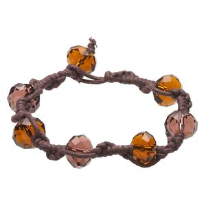 Bracelet, waxed cotton cord and acrylic, brown / topaz brown / plum, 11x8mm faceted rondelle, 5-1/2 inches with macramé button clasp. Sold individually.