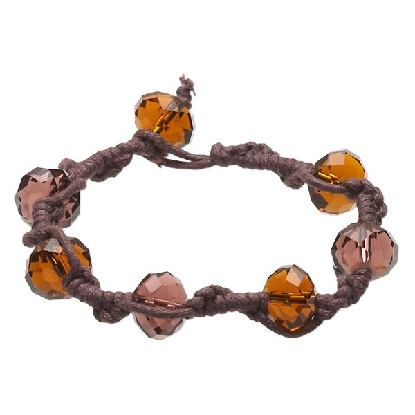 Bracelet, waxed cotton cord and acrylic, brown / topaz brown / plum, 11x8mm faceted rondelle, 5-1/2 inches with macramé button clasp. Sold individually. image number 0