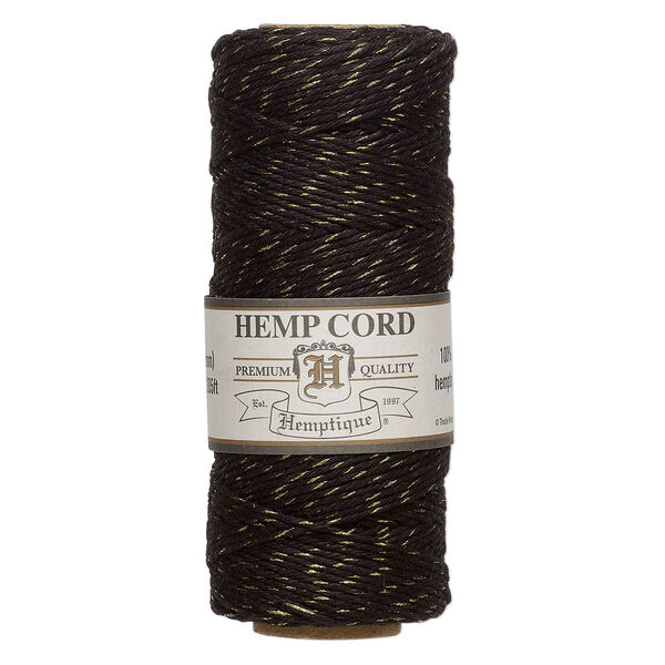 Cord, Hemptique®, polished hemp, metallic black/gold, 1mm, 20-pound test. Sold per 205-foot spool. image number 0