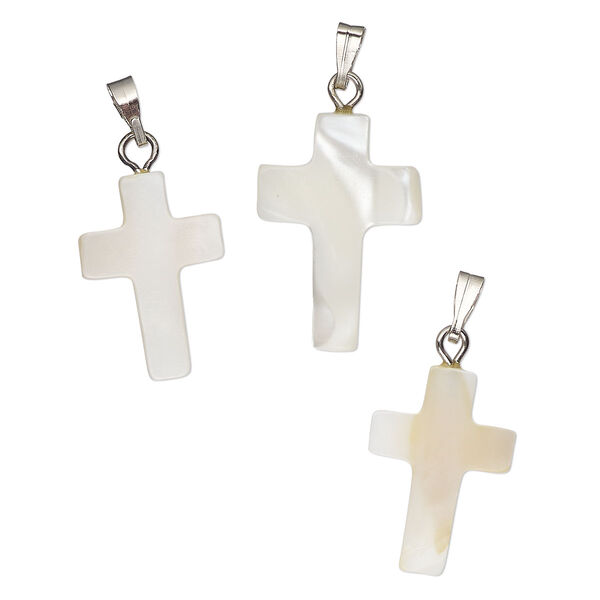 Pendant, mother-of-pearl shell (bleached) / antique silver-finished "pewter" (zinc-based alloy) / steel, 18x13mm-22x16mm single-sided carved cross. Sold per pkg of 3. image number 0
