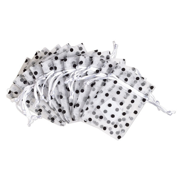 Pouch, flocked organza, white and black, 4x3 inches with dots pattern and drawstring closure. Sold per pkg of 12. image number 0