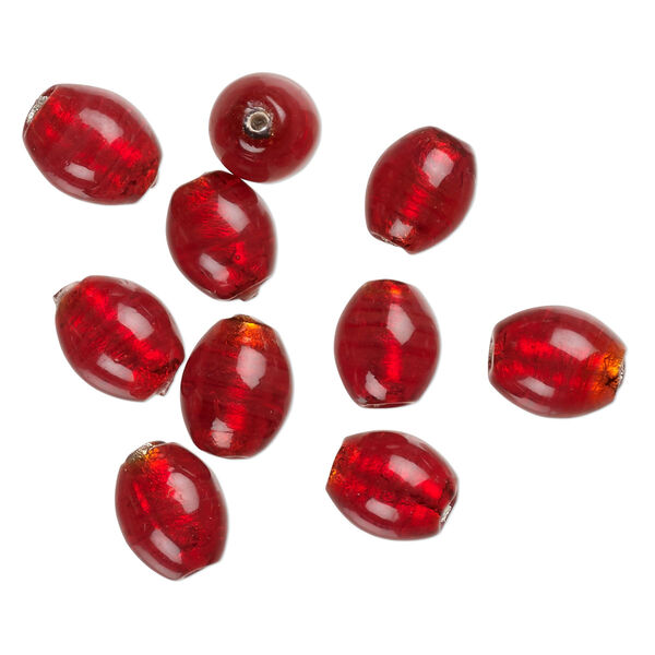 Bead, lampworked glass, opaque red, 13x10mm-10x9mm oval with silver-colored foil. Sold per pkg of 10. image number 0
