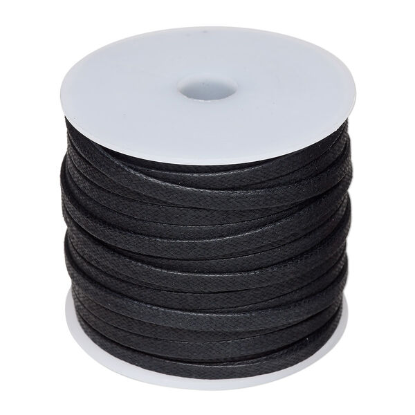 Cord, waxed cotton, black, 4mm flat. Sold per 25-meter spool. image number 0
