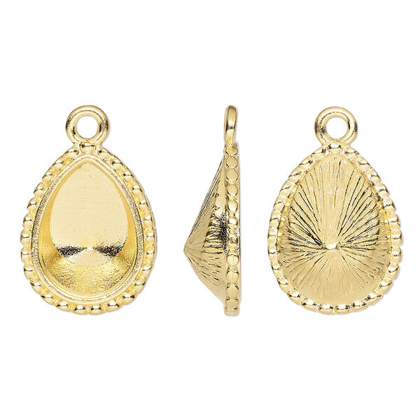 Drop, TierraCast®, Almost Instant Jewelry®, gold-plated pewter (tin-based alloy), 18x14mm teardrop with beaded edge and 14x10mm pear glue-in setting (4320). Sold per pkg of 20. image number 0