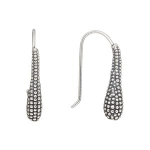 Earring, Create Compliments®, antiqued fine silver, electroformed, 28mm beaded teardrop with fishhook ear wire. Sold per pair.