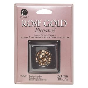 Crimp, rose gold-plated copper and lacquer, 3x2mm tube, 1.3mm inside diameter. Sold per pkg of 38.