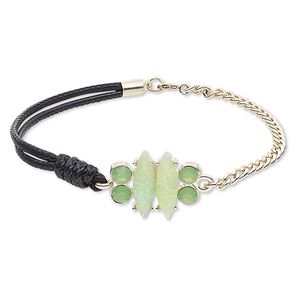 Bracelet, 2-strand, leather (dyed) / resin / gold-finished steel / "pewter" (zinc-based alloy), black / green / opalescent green, 20mm wide, 7 inches with springring clasp. Sold individually.