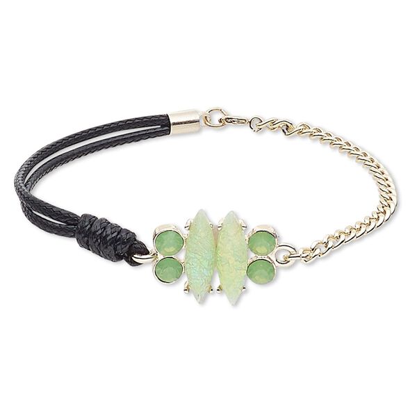 Bracelet, 2-strand, leather (dyed) / resin / gold-finished steel / "pewter" (zinc-based alloy), black / green / opalescent green, 20mm wide, 7 inches with springring clasp. Sold individually. image number 0