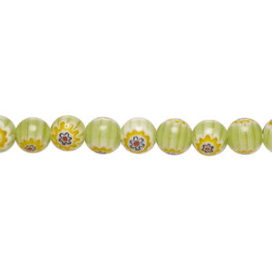 Bead, millefiori glass 1pkg1, translucent green / blue / multicolored, 6mm round, 15 inches.