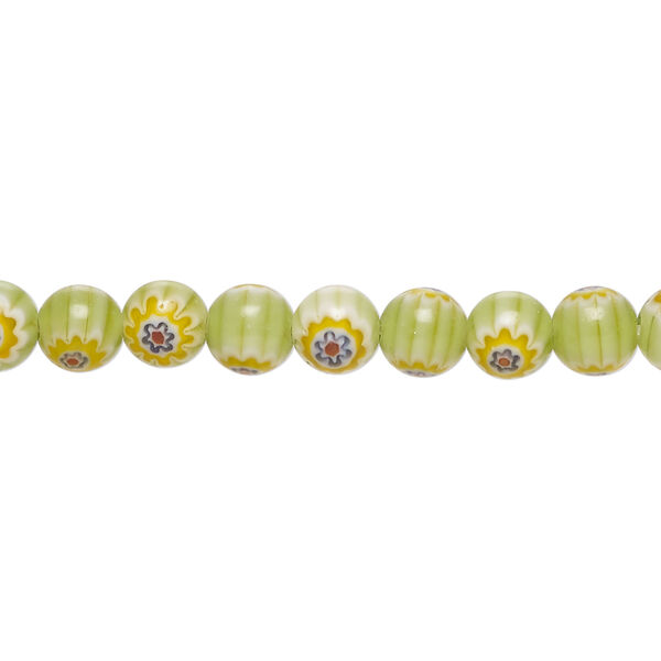 Bead, millefiori glass 1pkg1, translucent green / blue / multicolored, 6mm round, 15 inches. image number 0