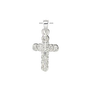 Pendant, Create Compliments, sterling silver and cubic zirconia, clear, 22x12mm single-sided cross. Sold individually.