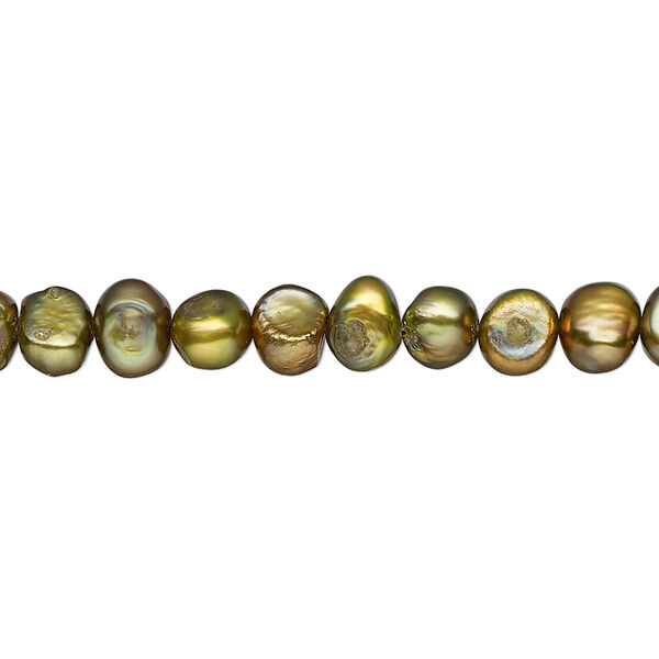 Pearl, cultured freshwater (dyed), green olive, 6-7mm flat-sided potato, D grade, Mohs hardness 2-1/2 to 4. Sold per 15-inch strand. image number 0