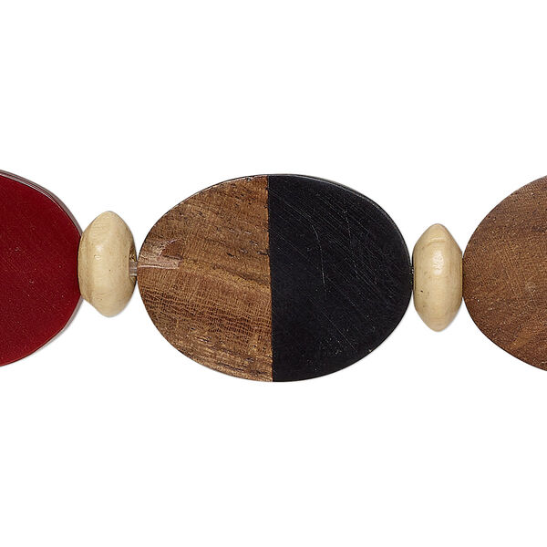 Bead, yellow boxwood and resin (assembled), red / purple / black, 23x18mm oval. Sold per 6-inch strand, approximately 6 beads. image number 0