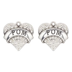 Charm, antique silver-finished "pewter" (zinc-based alloy) and glass, clear, 25x23mm single-sided heart with "pom". Sold per pkg of 2.