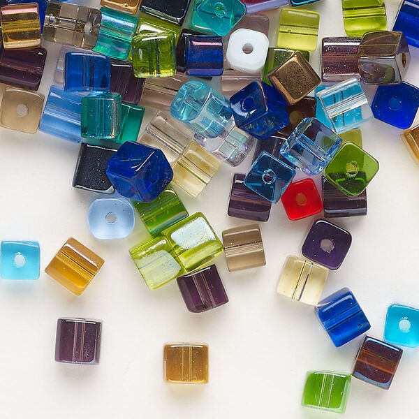 Bead 1pkg1 glass, 4mm cube, 1 ounce mix opaque to transparent mixed colors image number 0