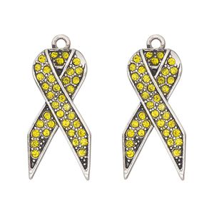 Charm, antique silver-finished "pewter" (zinc-based alloy) and glass, yellow, 27x13mm single-sided awareness ribbon. Sold per pkg of 2.