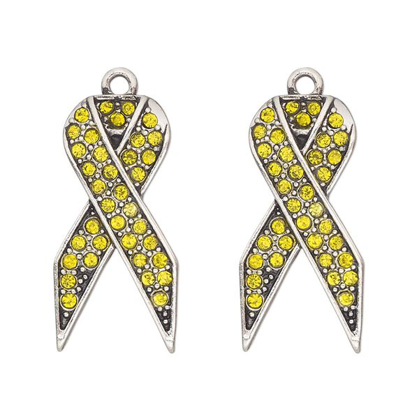 Charm, antique silver-finished "pewter" (zinc-based alloy) and glass, yellow, 27x13mm single-sided awareness ribbon. Sold per pkg of 2. image number 0