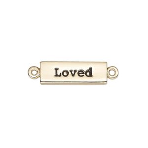 Link, enamel and gold-finished "pewter" (zinc-based alloy), black, 20x7mm single-sided rectangle with "Loved". Sold individually.