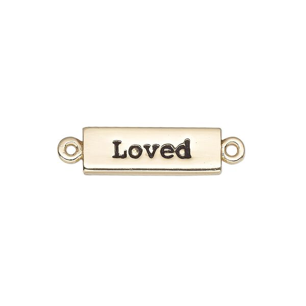 Link, enamel and gold-finished "pewter" (zinc-based alloy), black, 20x7mm single-sided rectangle with "Loved". Sold individually. image number 0